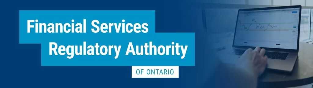 "Financial Services Regulatory Authority of Ontario" with a photo of a person using a computer depicting financial graphs.