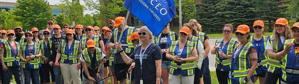 AMAPCEO members at the OCEU Picket in Guelph. One member is standing in front holding a large AMAPCEO flag