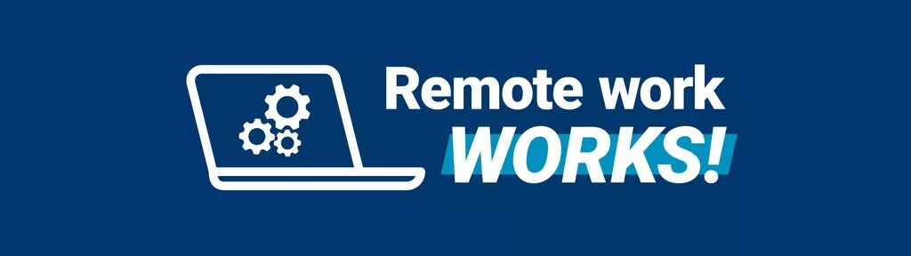 A laptop with gears on it, accompanied by the text "Remote work WORKS!"