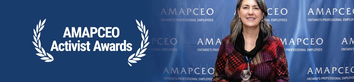 AMAPCEO member holding activist award in front of an AMAPCEO banner