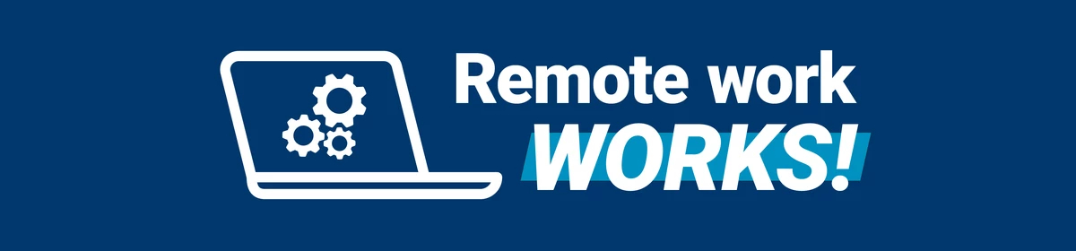 A laptop with gears on it, accompanied by the text "Remote work WORKS!"