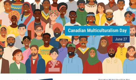 Image of Canadian Multiculturalism Day Poster for June 27, with images of multicultural drawings of people in the background