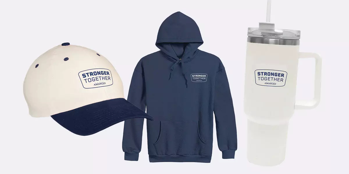 An AMAPCEO cap, hoodie, and tumbler.