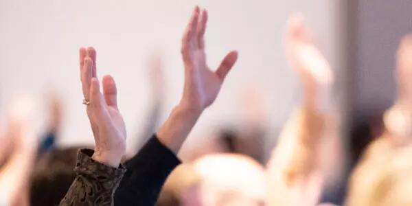 A crowd of hands raised to vote