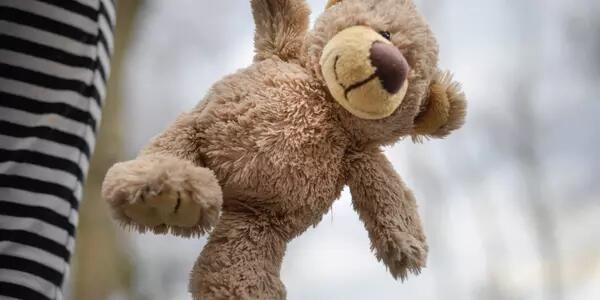 A child's hand holding a fluffy teddy bear