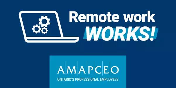 A laptop with a gear on it, next to text saying "Remote work WORKS!" and the AMAPCEO logo