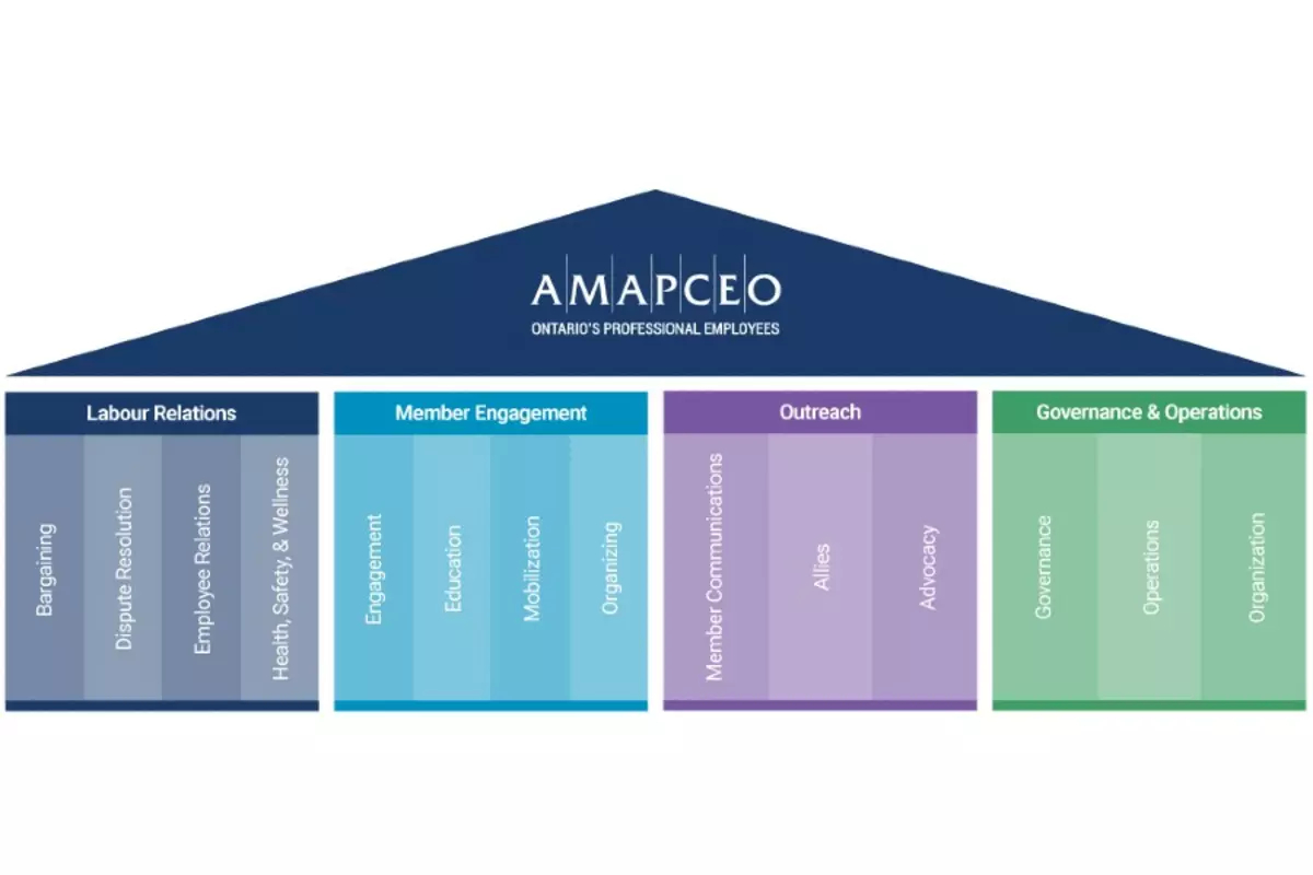 A graphic showing AMAPCEO's strategic plan including its four pillars