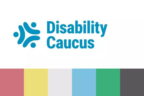 AMAPCEO Disability Caucus Logo, which consists of an abstract group of three people, together forming a triangle