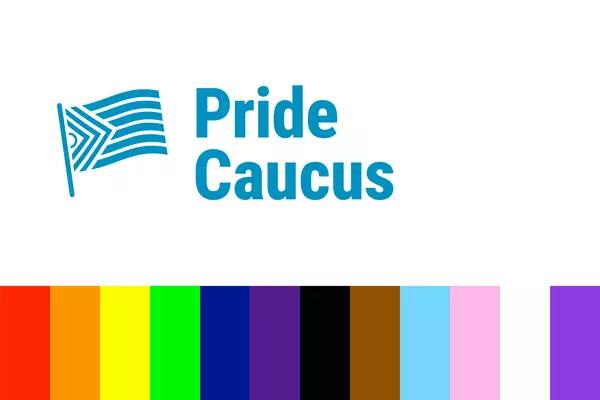 AMAPCEO Pride Caucus logo, which consists of the Progress Flag
