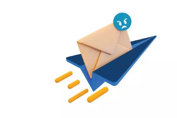 A paper airplane with a blue angry face emoji