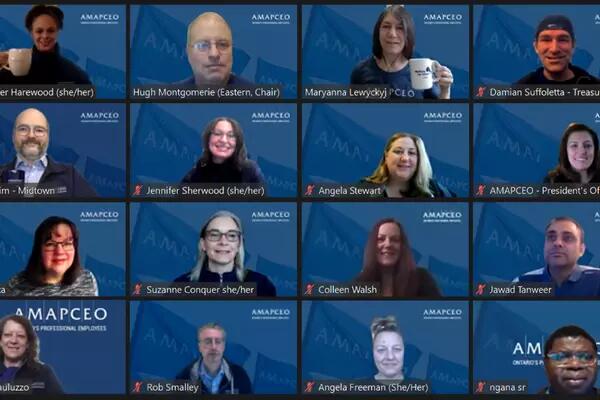 Photo collage of AMAPCEO members on camera with AMAPCEO Zoom backgrounds