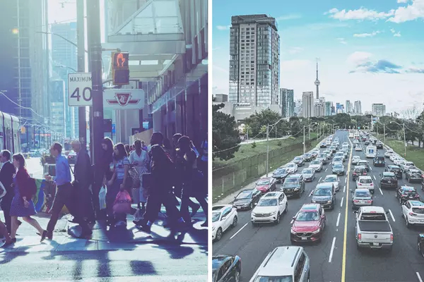 A composite image of vehicle traffic and crowds of people exiting a TTC station