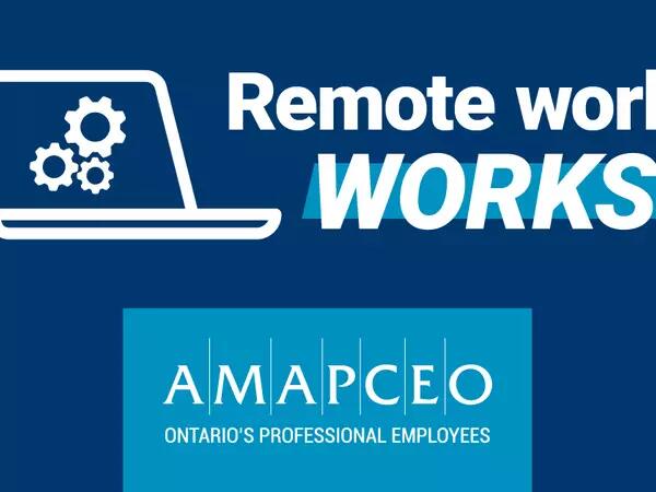 A laptop with a gear on it, next to text saying "Remote work WORKS!" and the AMAPCEO logo