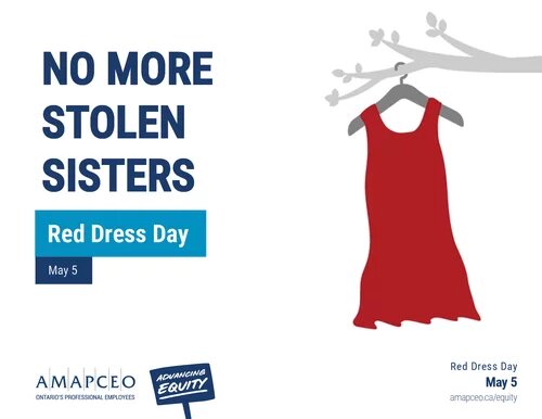 Image of Red Dress hanging on a tree branch, representing Red Dress Day on May 5 with slogan "No More Stolen Sisters"
