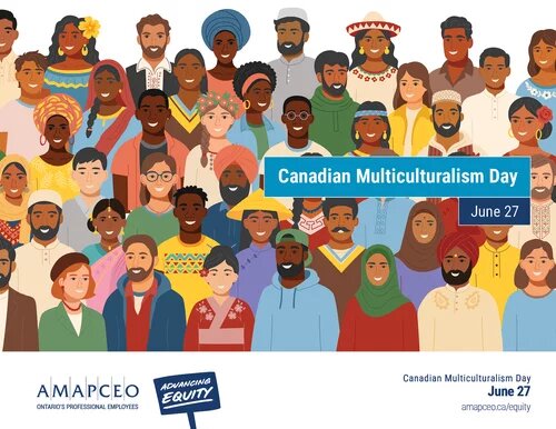 Image of Canadian Multiculturalism Day Poster for June 27, with images of multicultural drawings of people in the background