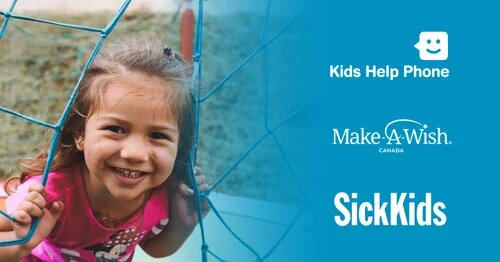 Photo of child with the Kids Help Phone, Make-A-Wish, and SickKids logos