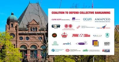 A photo of Queen's Park with the logos of all the unions participating in the coalition