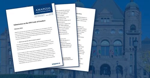 Graphic of AMAPCEO's Code of Conduct submission overlaying Queen's Park