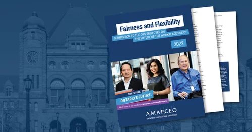 Graphic showing the cover of AMAPCEO's Future of Work submission and Queen's Park