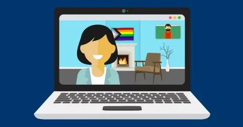 image of a laptop with a person in front of a fireplace on the screen