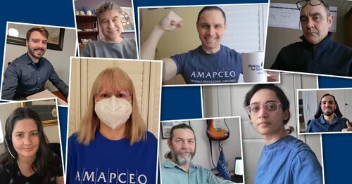 Photo collage of AMAPCEO members on camera with AMAPCEO Zoom backgrounds