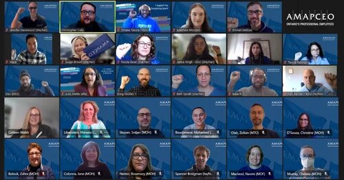 Collage of photos of AMAPCEO members wearing blue