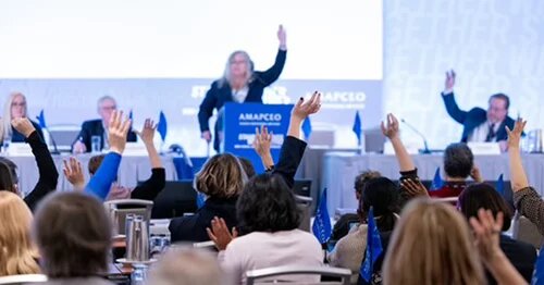 Image of Delegates facing stage and podium at the 2024 ADC