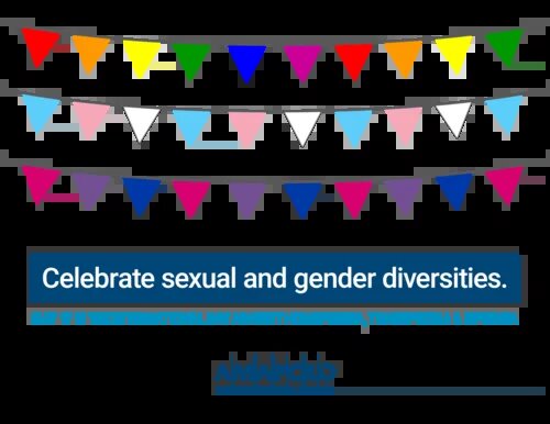 Colour triangle streamers with text "Celebrate sexual and gender diversities"