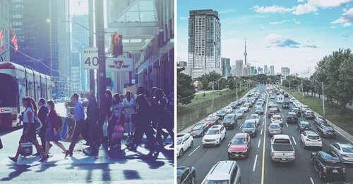 A composite image of vehicle traffic and crowds of people exiting a TTC station