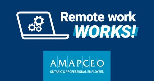 A laptop with a gear on it, next to text saying "Remote work WORKS!" and the AMAPCEO logo