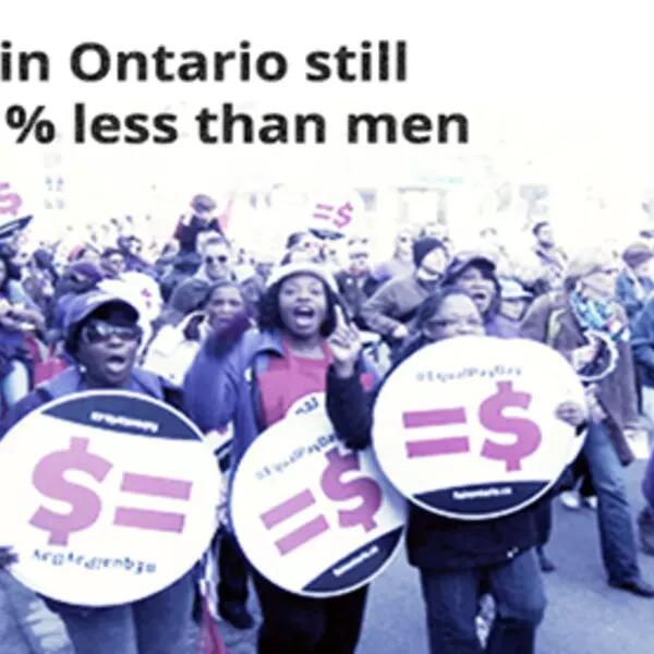 Photo of women marching with the words "Women in Ontario still make 31% less than men"