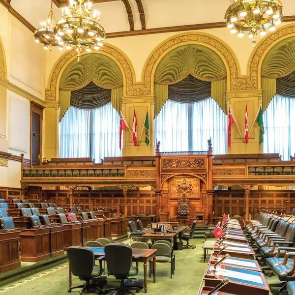 The interior of the Ontario Legislature. It is empty.