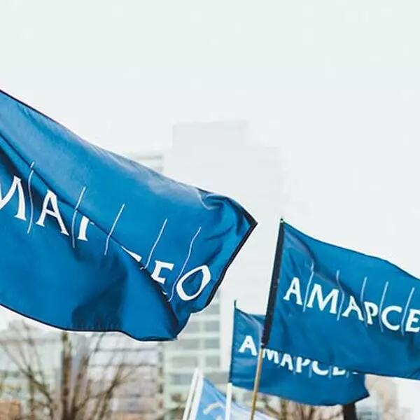Several large AMAPCEO flags waving