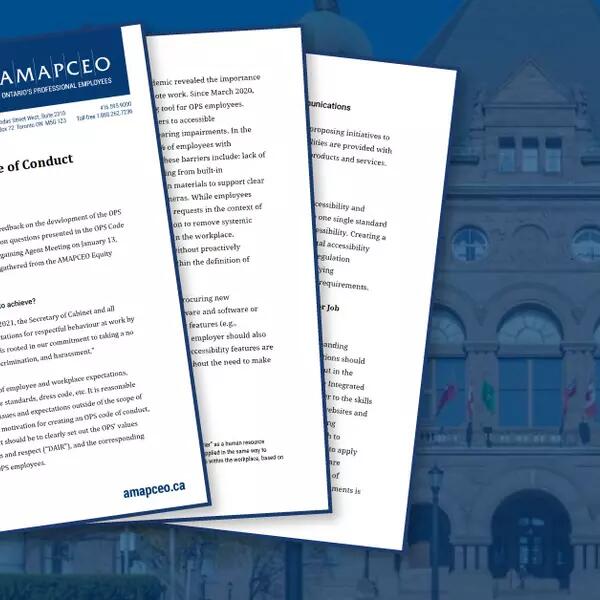 Graphic of AMAPCEO's Code of Conduct submission overlaying Queen's Park
