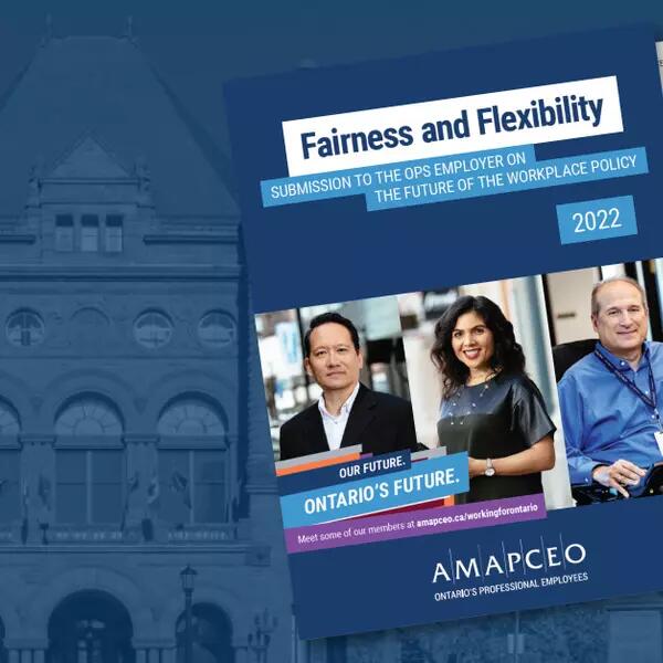 Graphic showing the cover of AMAPCEO's Future of Work submission and Queen's Park