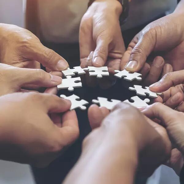Image of hands holding puzzle pieces in a group